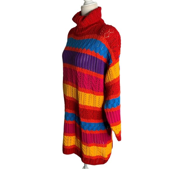 Vintage 90s Loose Knit Turtleneck Sweater L Rainbow Stripe Pullover Long Sleeve - Picture 3 of 6